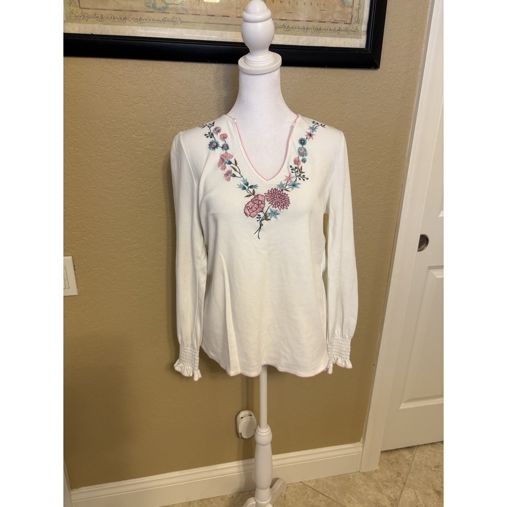 Laura Ashley Long Sleeve V Neck Top, Pink And Blue‎ Embroidery, Medium